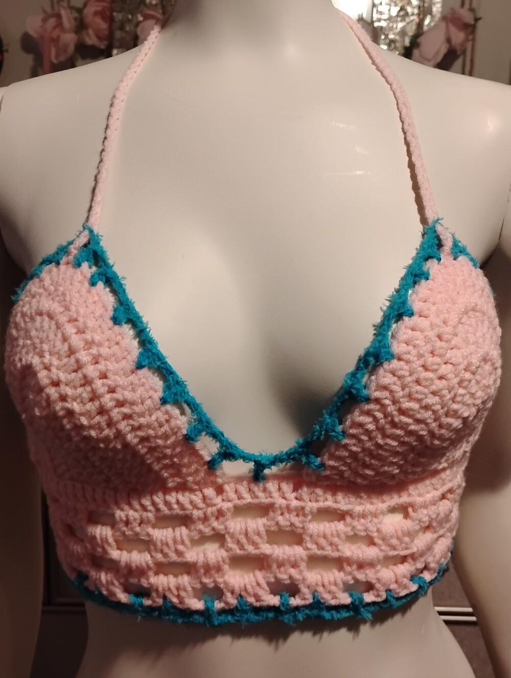 Crochet Halter Bralette - Pink with Teal Trim